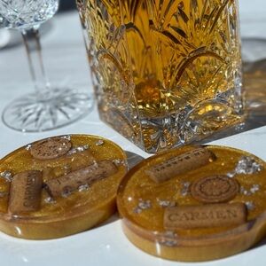 Set of 2 handmade Gold Resin Coasters with Cork Accents and silver leafing